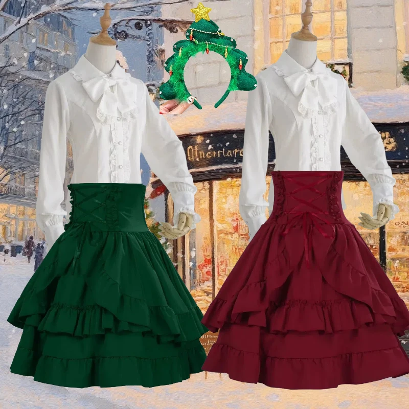 

Christmas White Shirt Green Skirt Medieval Retro Style Cosplay Blouse Dress Full Set for Women Elegant Outfits Xmas Theme Party