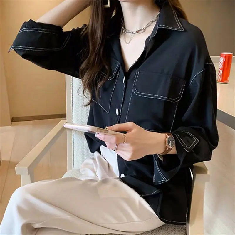 Clothes Chiffon Womens Shirt & Blouse Button Up Tops for Women Black Full Sleeves Collar Fashion 2024 Y2k Youthful Elegant Chic