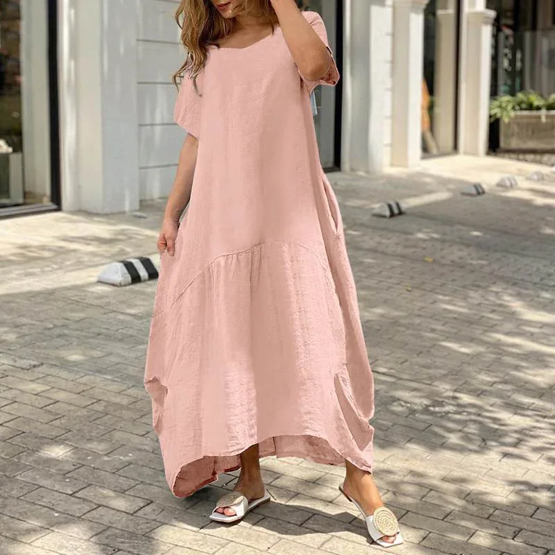 Women Literary Style Solid Color Loose Cotton Linen Dress Summer O Neck Pullover Casual Dresses Female Side Double Pockets Gown