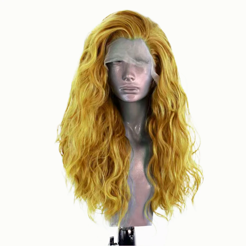 AIMEYA Yellow Loose Curly Wig Synthetic Lace Front Wig Natural Hairline Daily Use Cosplay Wig Heat Resistant Fiber Hair