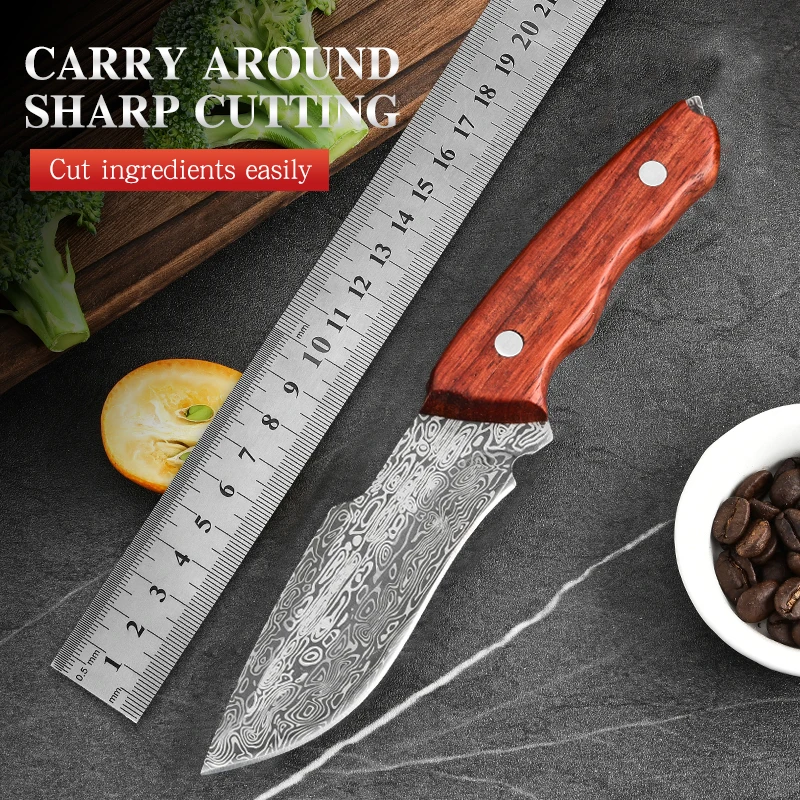 Outdoor Camping Barbecue Portable Cutting Knife Outdoor Portable Sharp Knife Damascus Pattern Fruit Knife