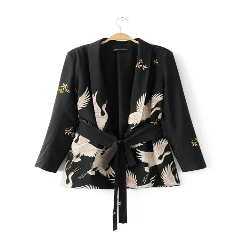 2020 Women Vintage Crane print style kimono jacket office lady retro knotted belt coat casual slim loose Tops