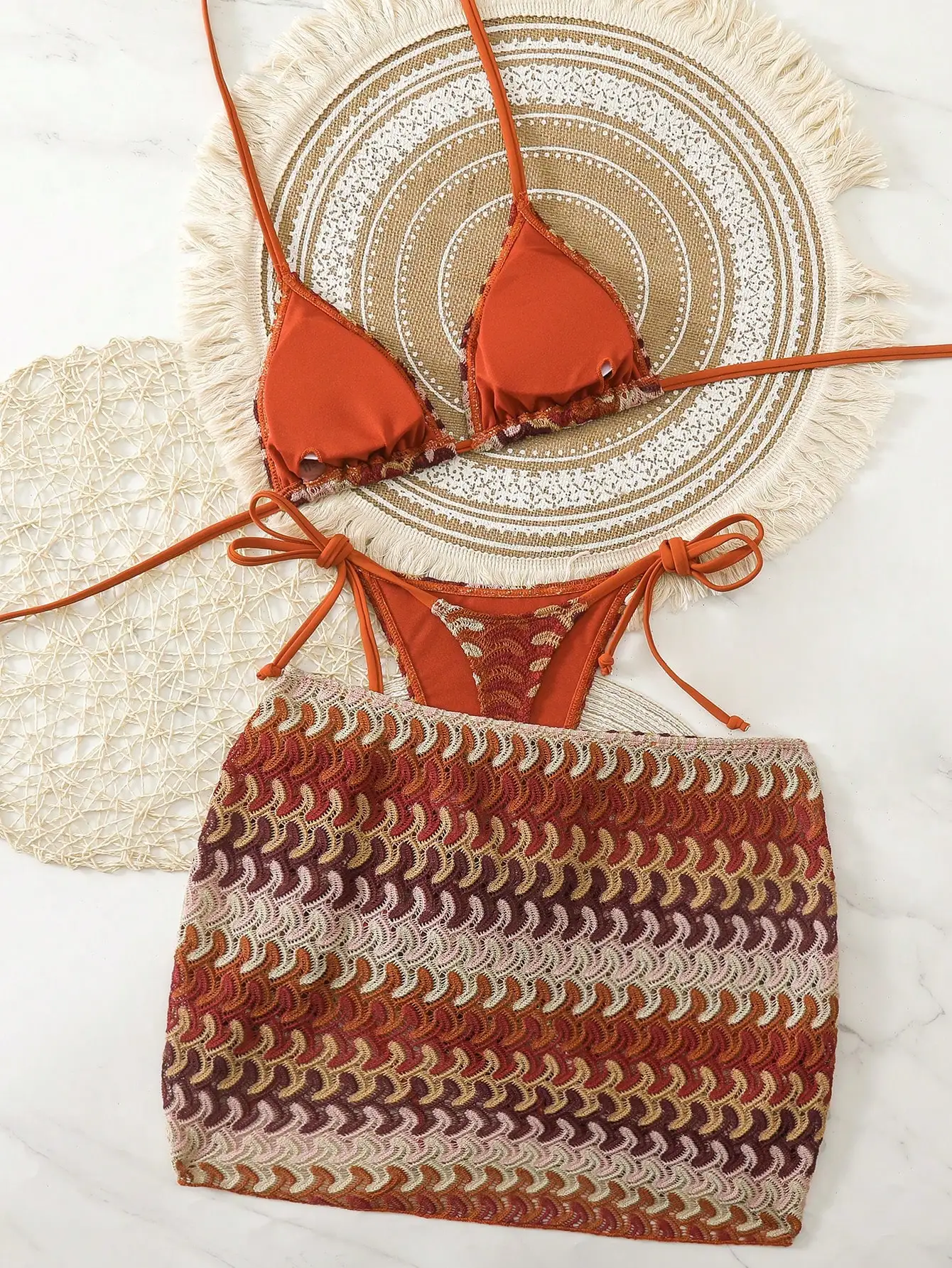 

Women's 3-Piece Jacquard Lace Bikini Set With Mini Skirt Orange Multi Color
