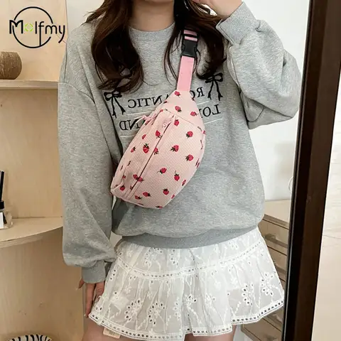 Waist Bag Women Men Corduroy Fanny Pack Strawberries Pocket Fashion Chest Handbag Sports Travel Purse Plaid WaistPack Belly Bags