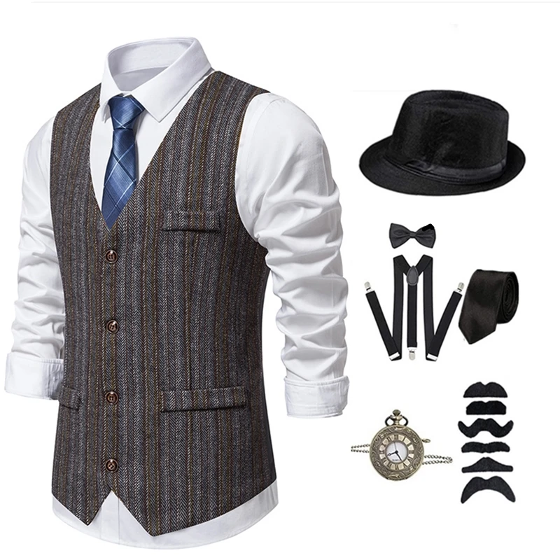 Business Jacket Vest Men Slim Strip-Type Leisure Gentlemen Formal Sleeveless Suit Wedding Party Prom Retro Style 1920s Attire