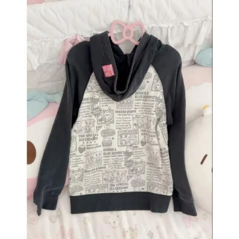 Japanese Harajuku All Match Spliced Color Women Hoodies Sweet Cute Cartoon Print Gothic Tops Moda Vintage High Street Clothes