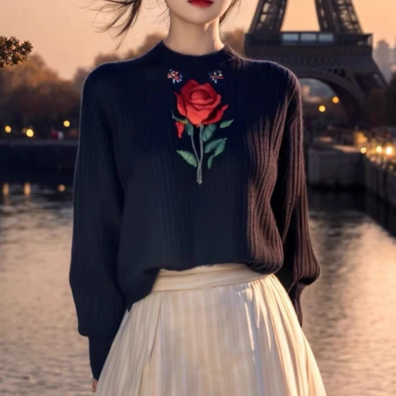 

Heavy Industry Black Rose Embroidery Retro Sweater Women's Autumn Winter New Base Chinese Style Knitted Sweaters E11502