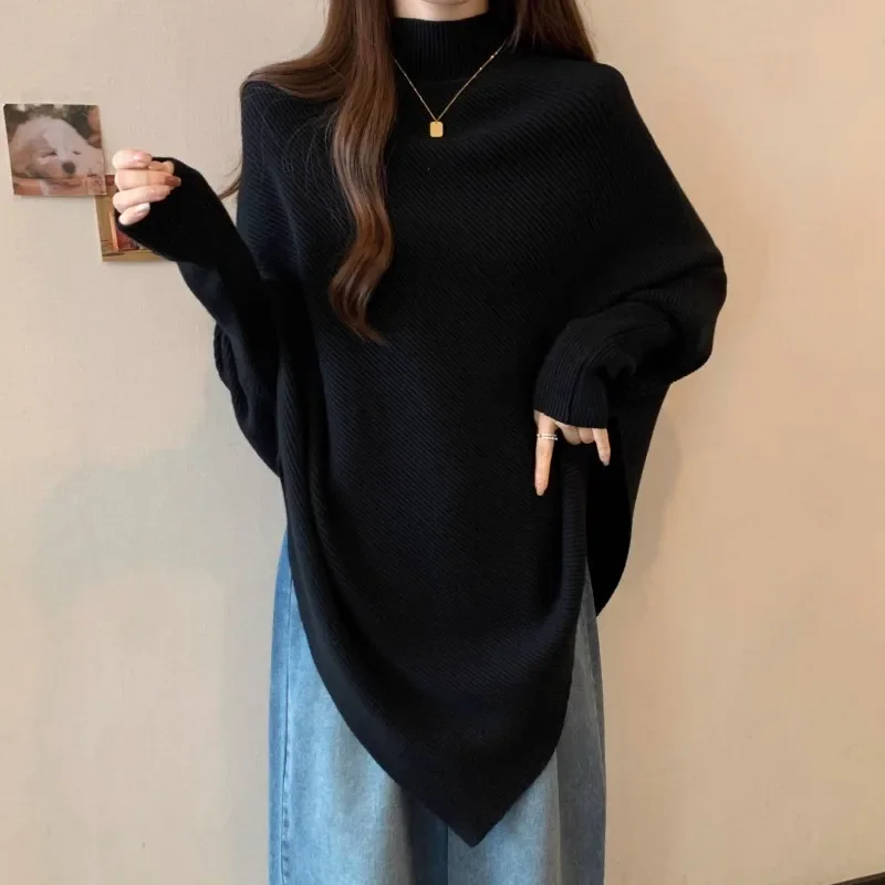 

Large Size Bat Sleeve Sweater For Women's Autumn And Winter New Item Asymmetrical Design Sense Cape Loose And Thick Top