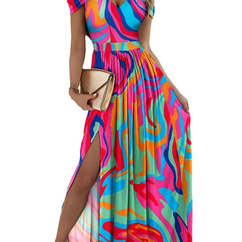 2024 Spring Summer New Women\'s Sexy Spaghetti-Strap Floral Print Split Long Dress