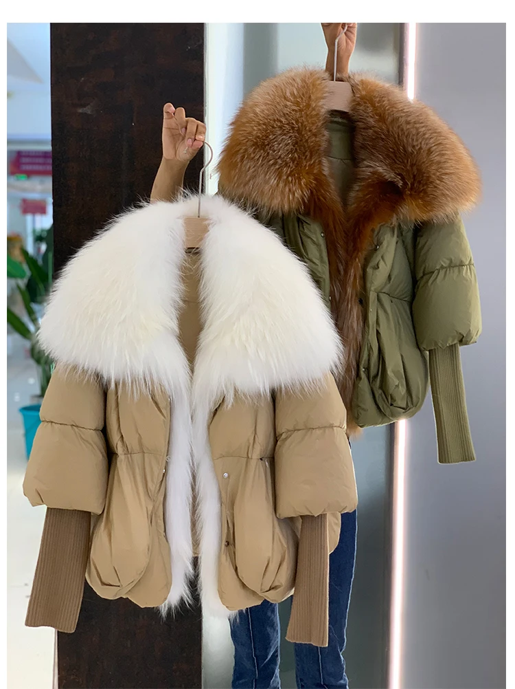Janveny Large Real Silver Fox Fur Collar 2026 White Duck Down Jacket Women Winter Luxury Puffer Coat Oversize Feather Outwear