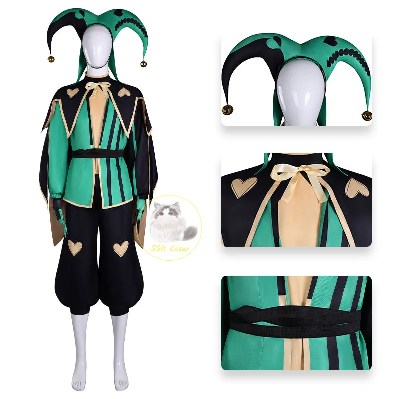 Game Anime Harlequin Cosplay Costumes Wig Mask The Freak Circus Cosplay Harlequin Green Circus Uniform Hat Halloween Cos for Men