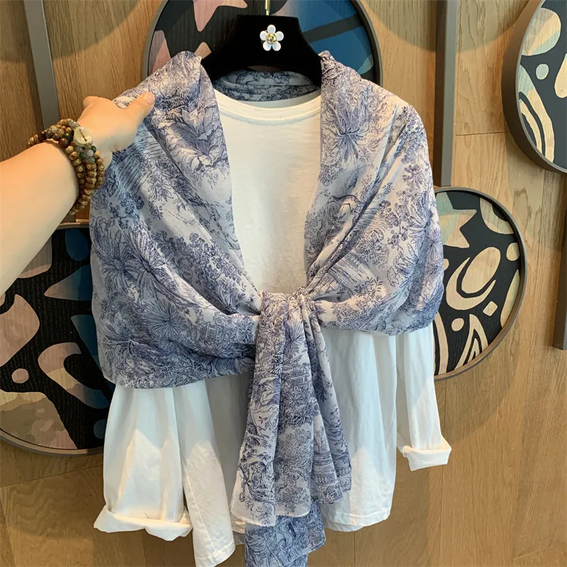 شال شاطئ فيسكوز ناعم للنساء ، أغطية شاطئ ، حجاب شبكي ، طباعة شجرة زرقاء ، لفافات واقية من الشمس ، وشاح نسائي ، موضة جديدة ، #3