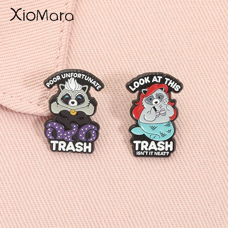 

Funny Mermaid Raccoon Enamel Pins Poor Unfoetunate Trash Cartoon Animal Trash Panda Brooch Lapel Badge Jewelry Gifts for Friends