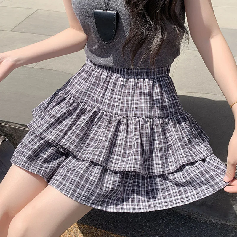 

Korean Contrast Color Plaid Mini Skirts Women Summer High Waist Spliced Ruffles A-Line Skirt Streetwear Slimming Shorts Skirts