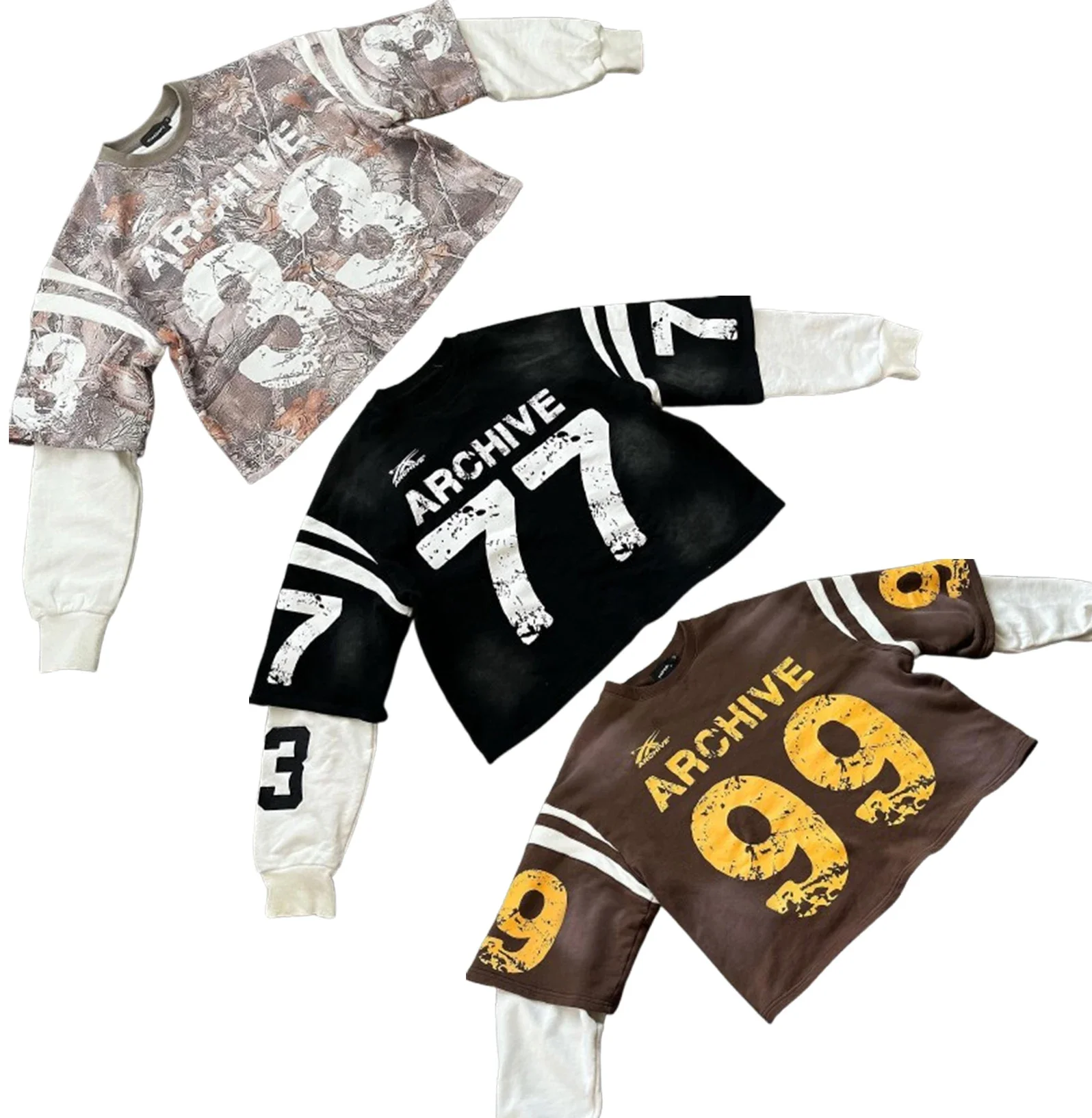 Harajuku Hip Hop Tactical Camouflage Double Layer Fake Two Piece Sweatshirt Y2K Men Letter Breathable Oversized Baseball Jersey