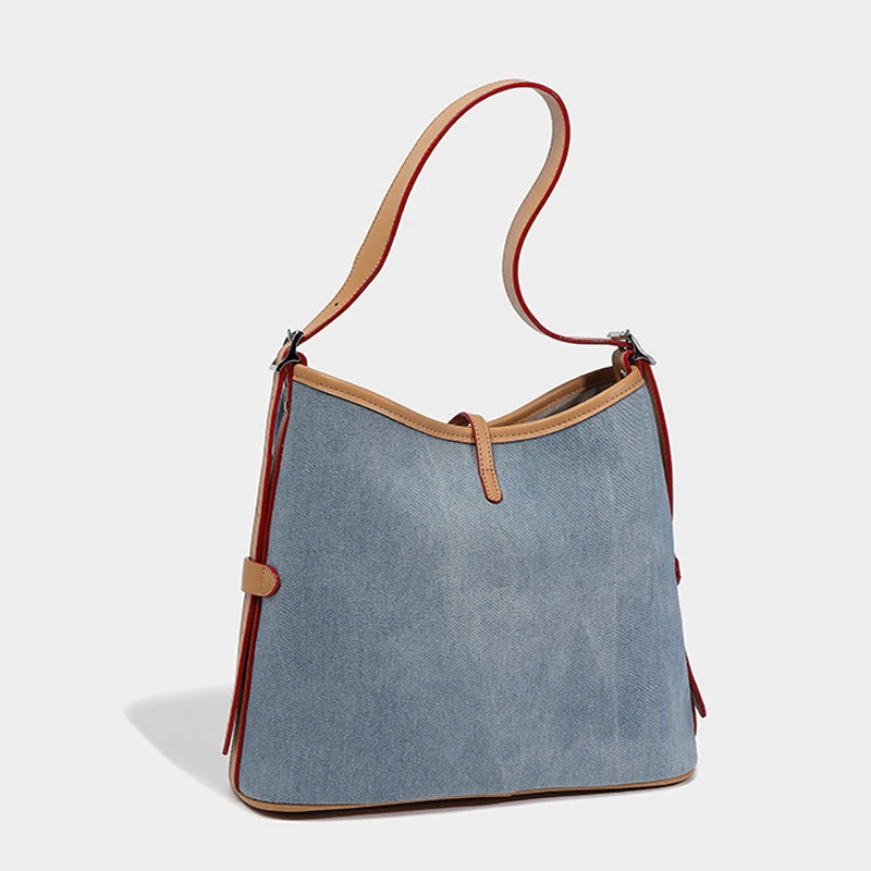 Lazy Style Denim Splicing Tote Bag for Women 2024 New Large Capacity Commuter Canvas Bag Fashionable Shoulder Crossbody Bag