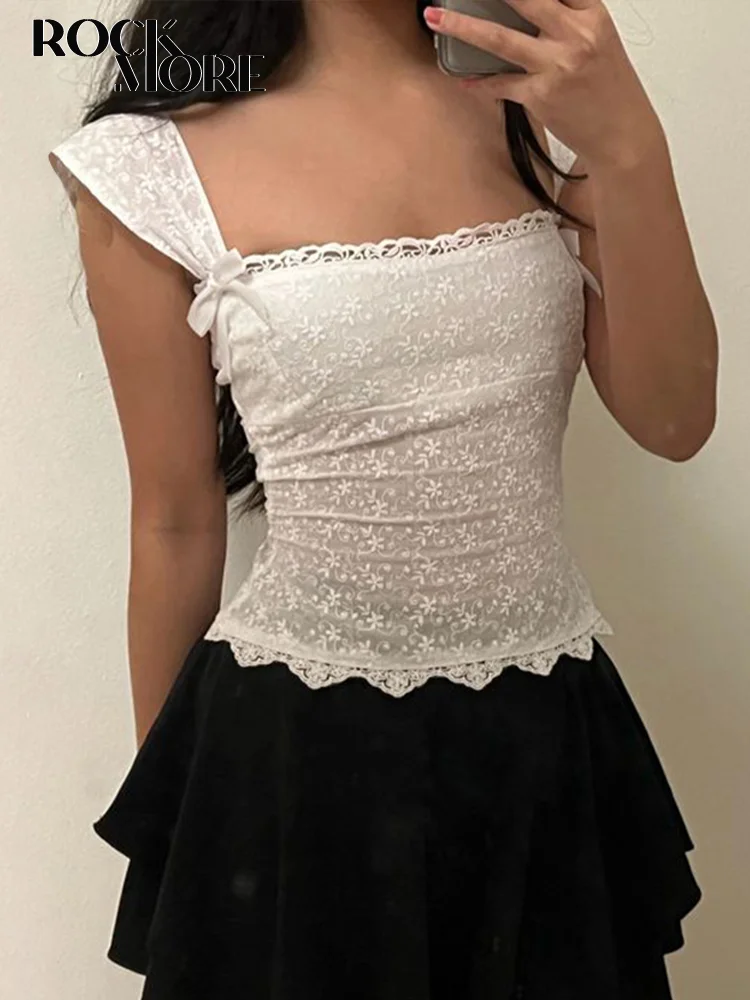 Rockmore White Lace Tank Top Women Lace-up Bow Camis Y2K Japanese style Sleeveless Crop Top Kawaii Side Zip Up Mini Vests Korean