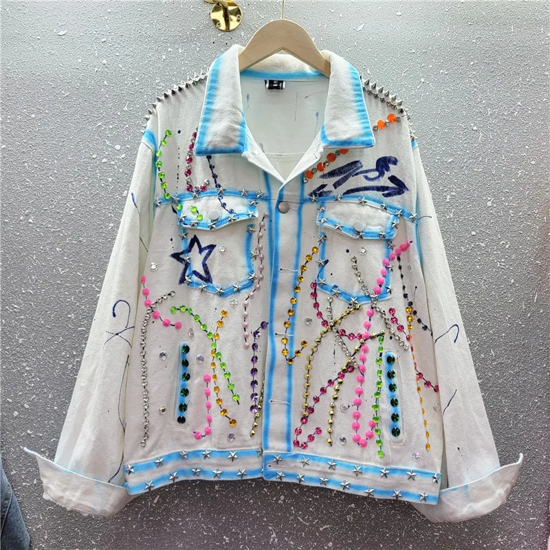 

Heavy Work Rivet Beaded Hand-painted Graffiti Print Jeans Jacket Women White Blue Spring Loose Long Sleeve Denim Coat Streetwear