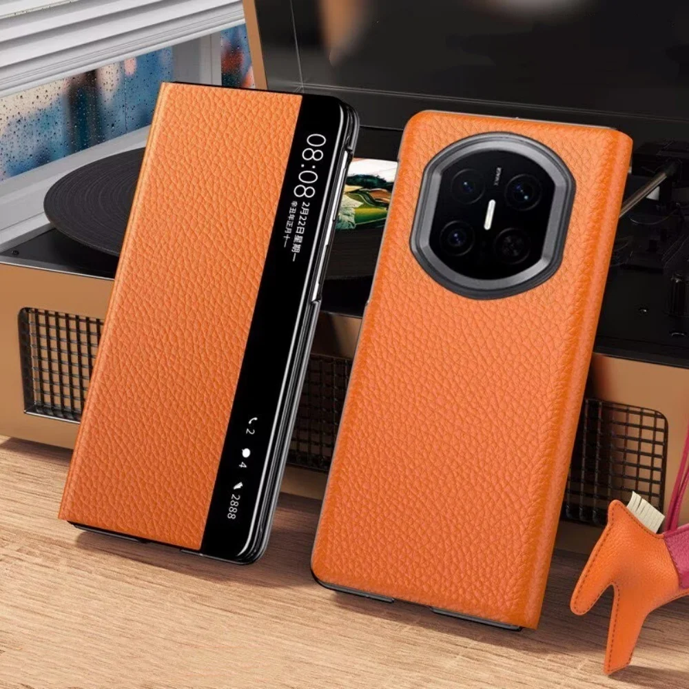 Natural Cowhide Leather Case For Huawei Mate X7 Litchi Pattern Window View Cover