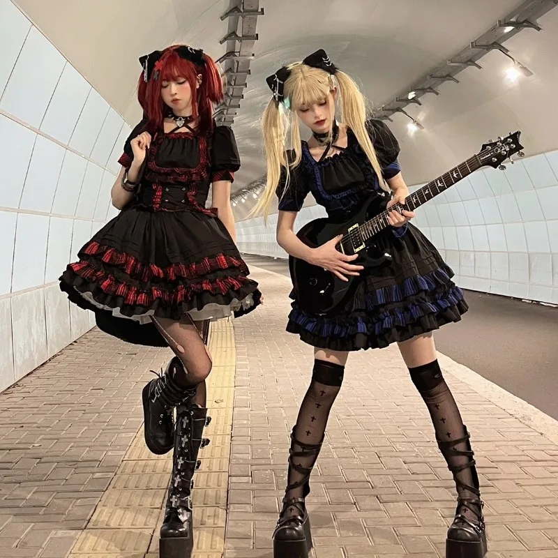 

Street Vintage Punk Dark Academia Clothes 2025 Summer New Slim Waist Lolita Dresses Sweet Puff Sleeve Dress for Women