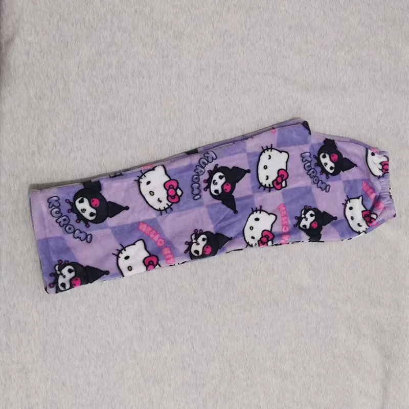 sanrio New Flannel Cartoon Kuromi Hellokitty Sleeping Pants For Women Autumn/Winter/Spring Home Casual Pants Purple