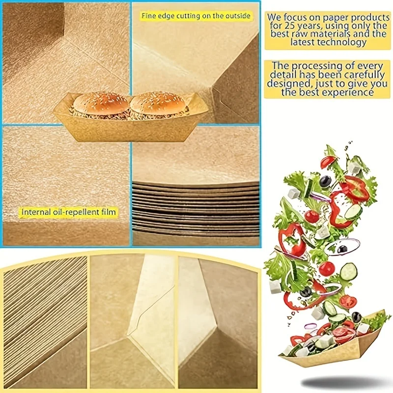 100pcs Kraft Paper Food Tray Heavy-duty Food Boat Trays Disposable Service Basket For Snacks Fries Tacos BBQ Party Tableware Set