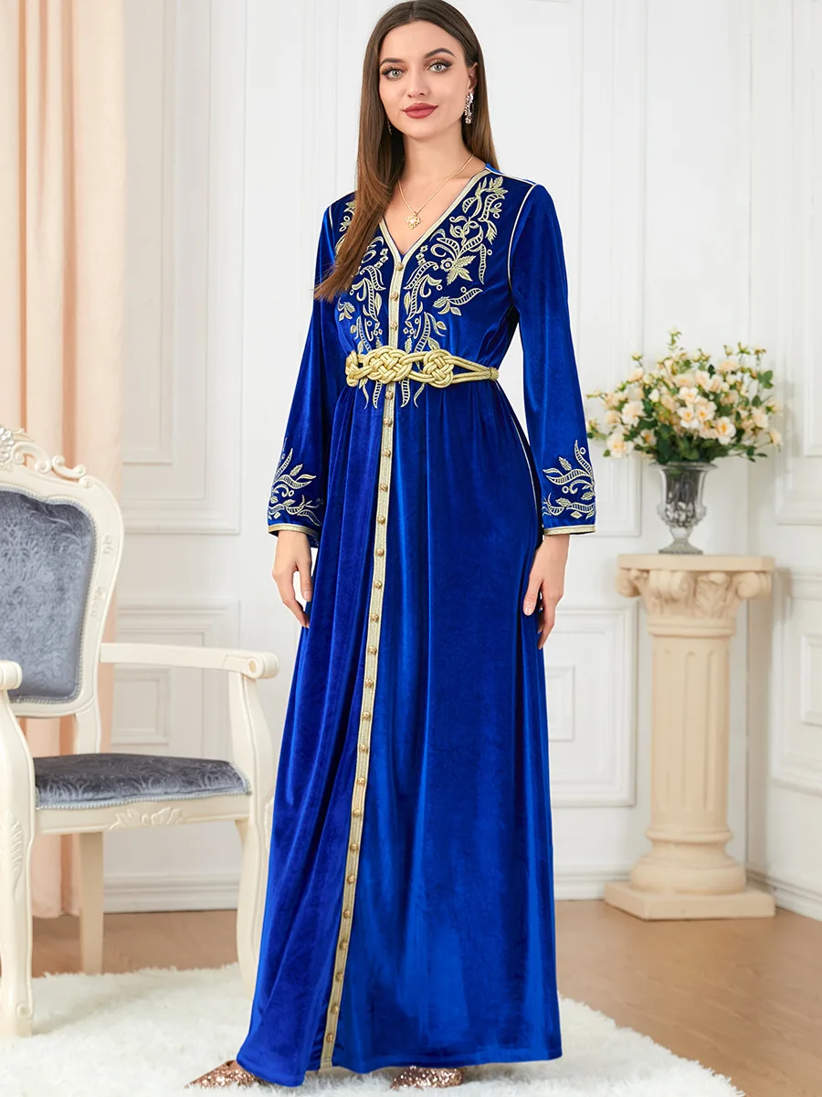 Winter Moroccan Embroidered Caftan Arabic Long Dress Women GoldenTrim Muslim Party Dresses Dubai Turkish Modest Abayas Kaftan