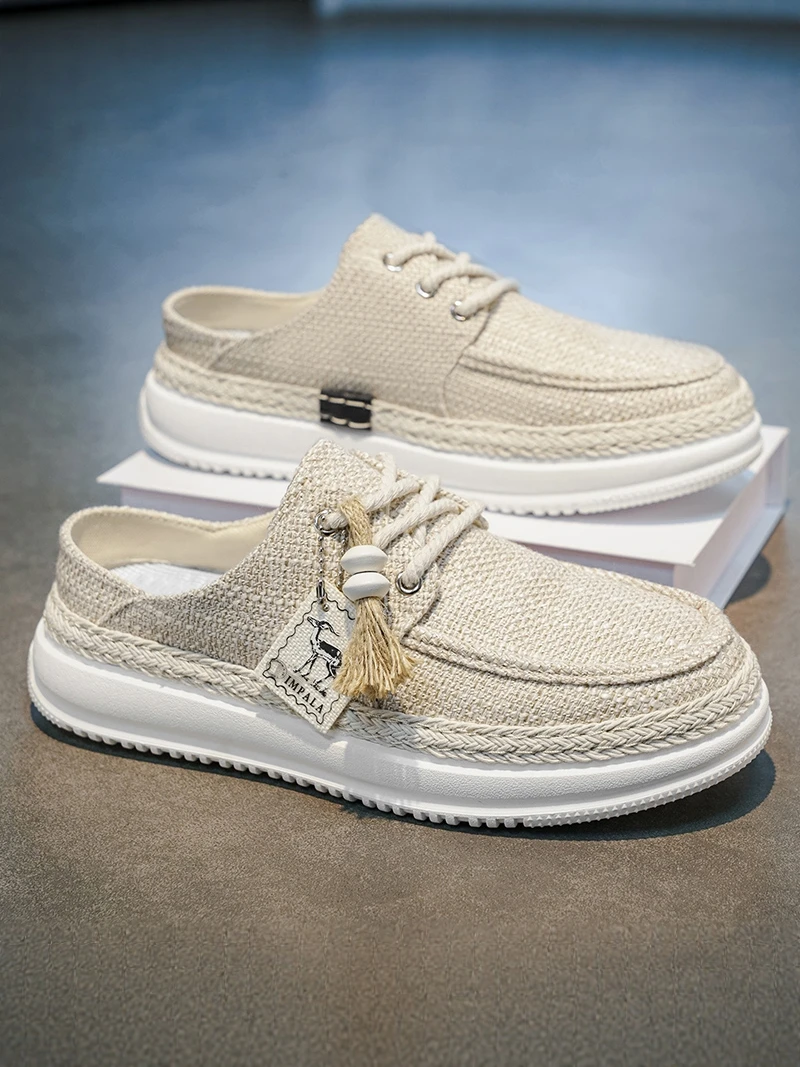 

Casual Breathable Linen Woven Slip-On Work Shoes Summer Half Slippers Canvas Slipper Shoes Thick Bottom Rubber Flat Heel
