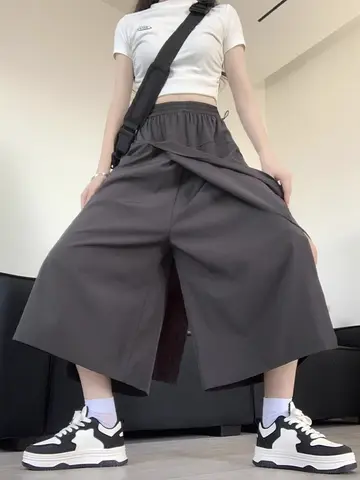 하이웨이스트 반신 스커트 하이웨이스트 와이드 팬츠 캐주얼 아이스 실크 반신 스커트 하프 스커트 반신 스커트