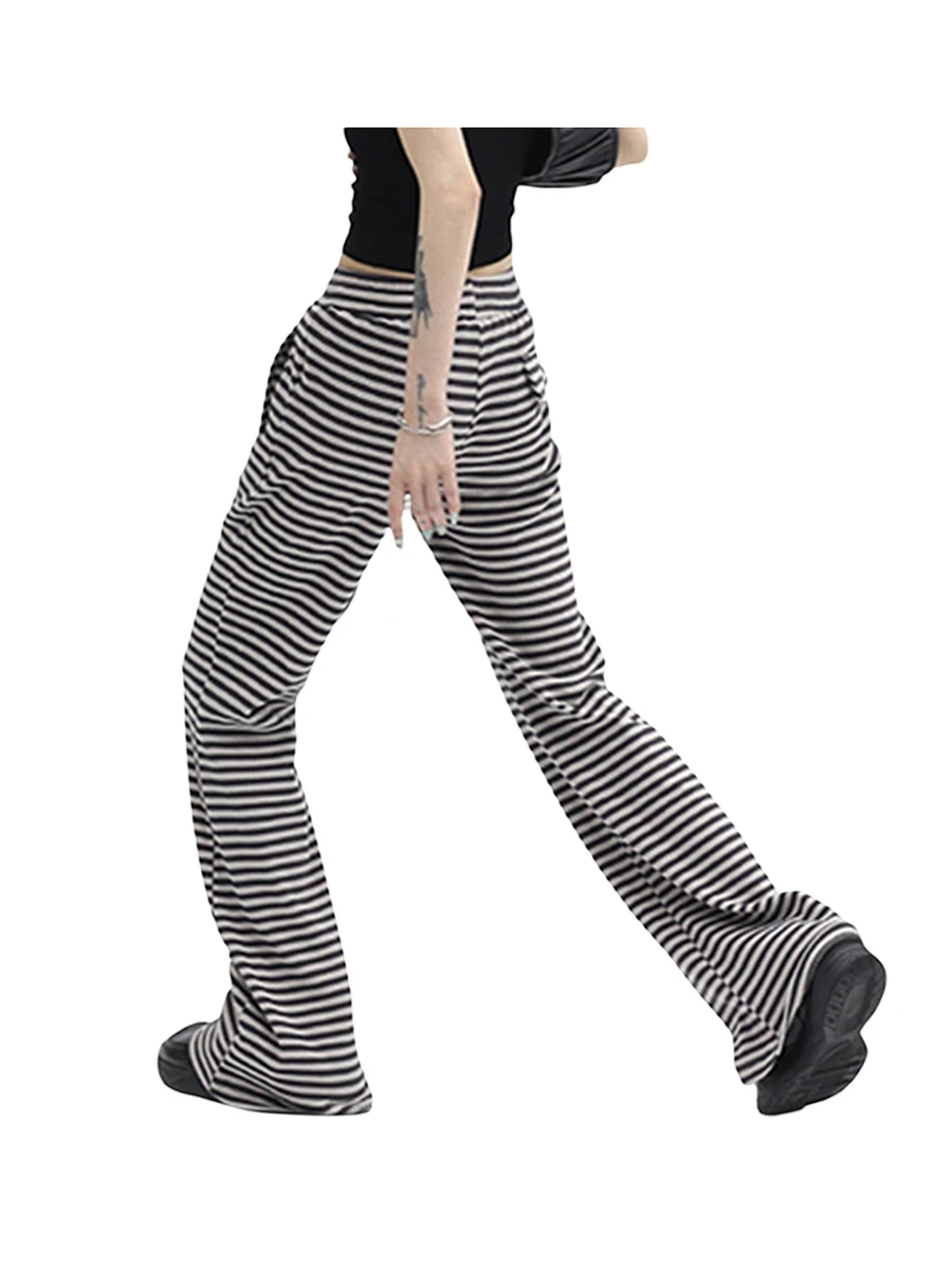 Women Vintage Drawstring Straight Leg Pants Low Rise Striped Print Knitted Lounge Yoga Workout Pant