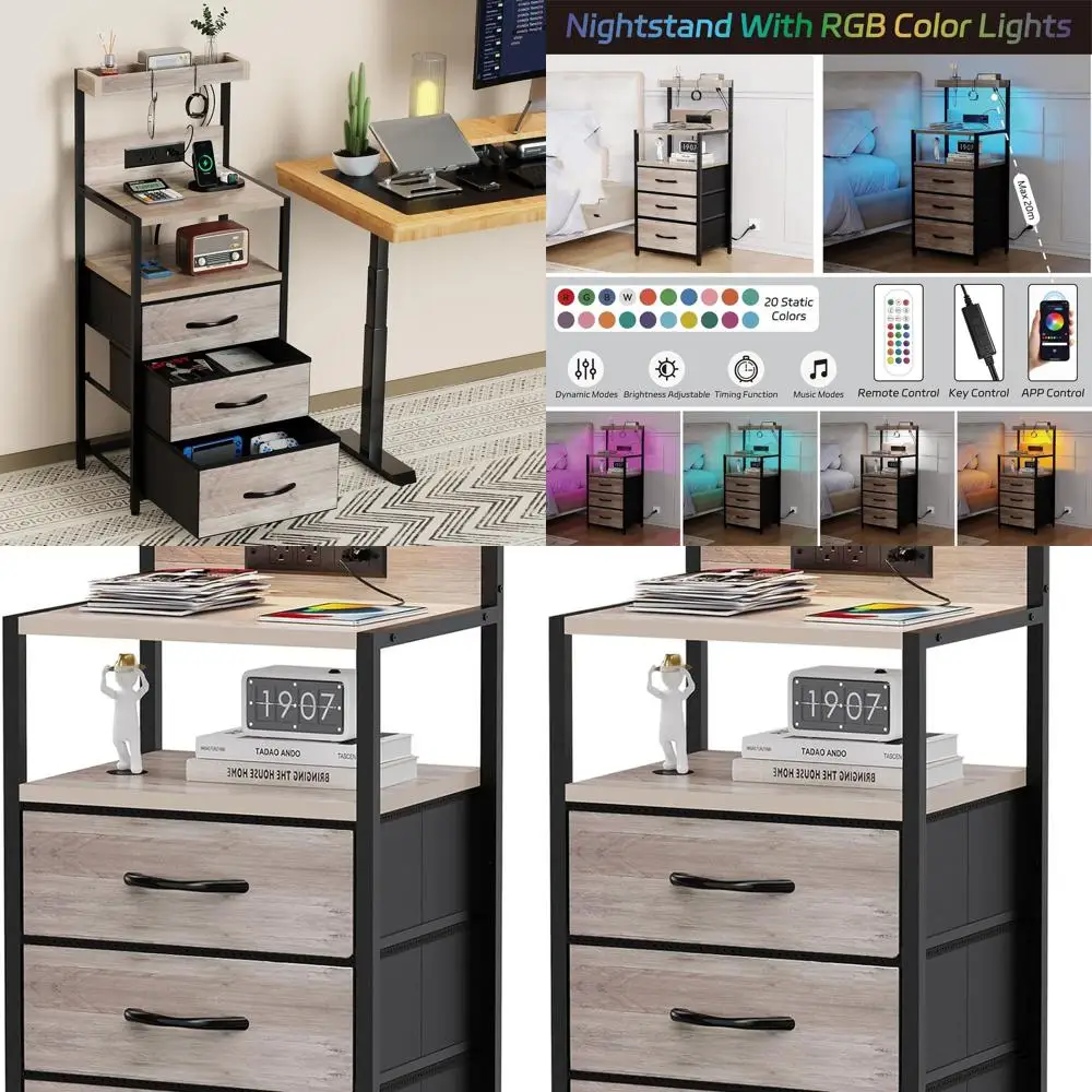 Night Stand with Charger Station, 3 Drawers Nightstand with Storage and LED Lights, Shelves, and Hooks, Bed Side End Table for B