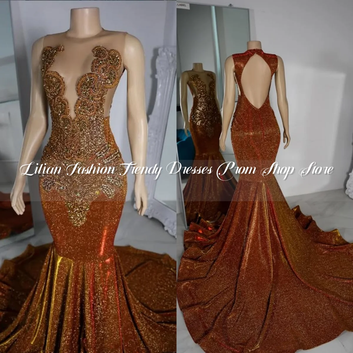 Sparkling Diamond Mermaid Prom Dress Dirty Orange Luxury Crystal Beaded Backless Black Girls Birthday Queen Custom vestido