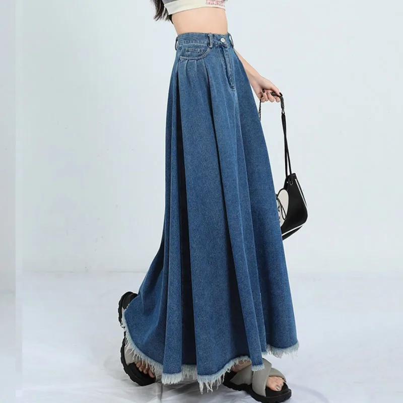 Fashion Tassel Hem Denim Long Skirts Womens Summer Vintage A- Line Maxi Jeans Skirt High Waist Women Long Skirt Korean