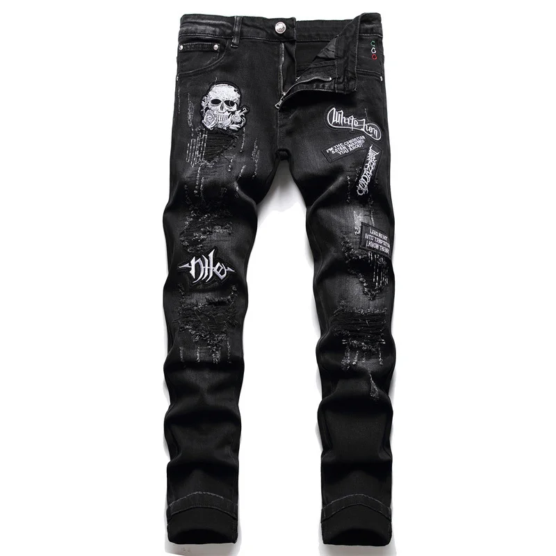 Black Slim Fit Skull With A Broken Hole, High Street Trendy Tight Fitting Cotton Elastic Jeans, Men\'s Clothing