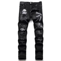 Black Slim Fit Skull With A Broken Hole, High Street Trendy Tight Fitting Cotton Elastic Jeans, Men's Clothing