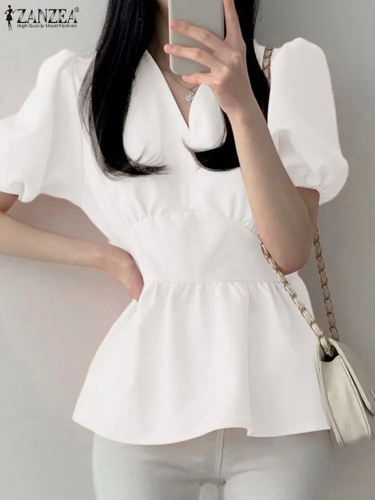 

ZANZEA Elegant Puff Short Sleeve Tunic Korean Women Blouse Casual V-neck Shirt 2024 Summer Solid Waist Blusas Office A-line Tops