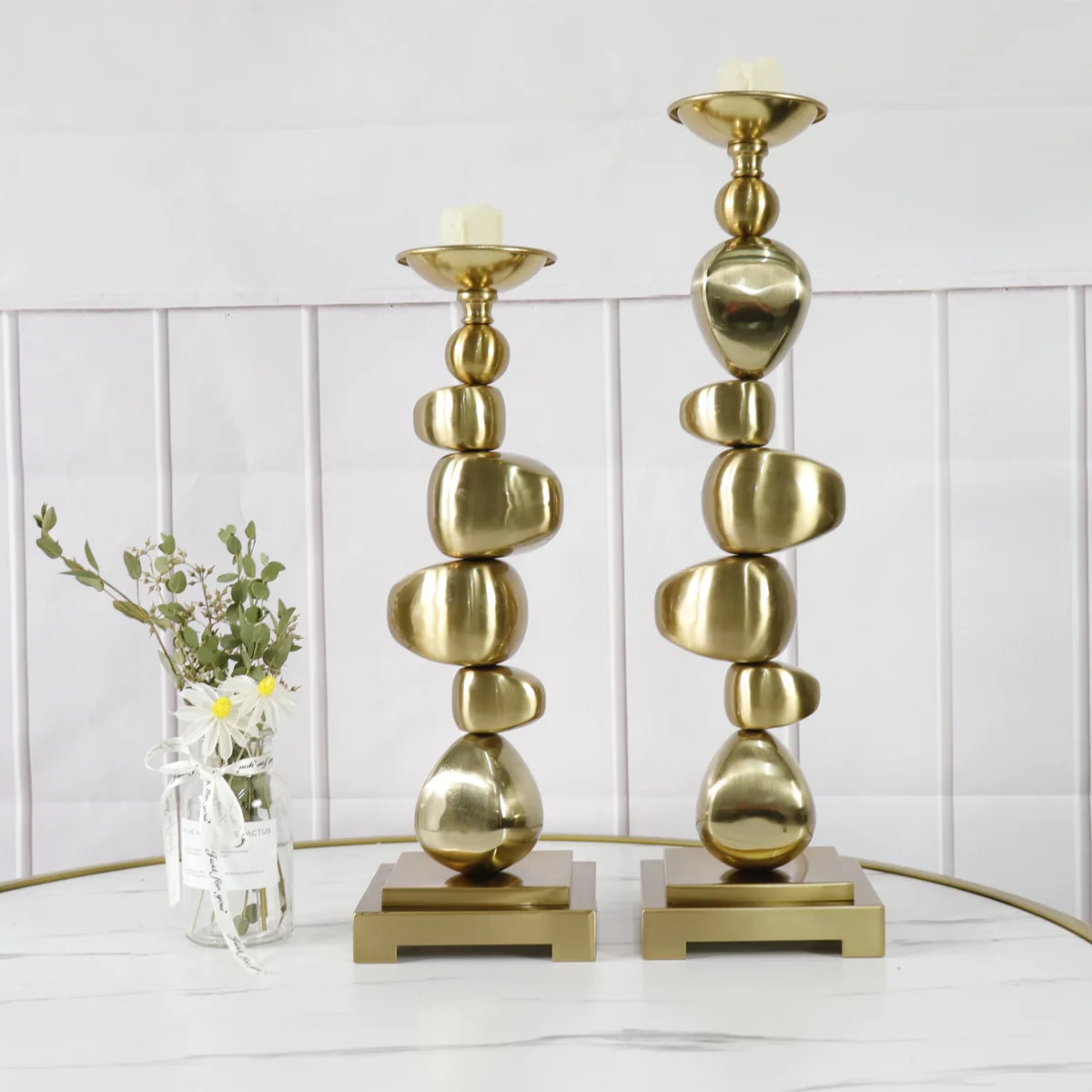 Iron Candle Holder, Electroplated Brushed Finish Wooden Fish Stack Decor, Rustproof Tabletop Ornament for Living Room & Home
