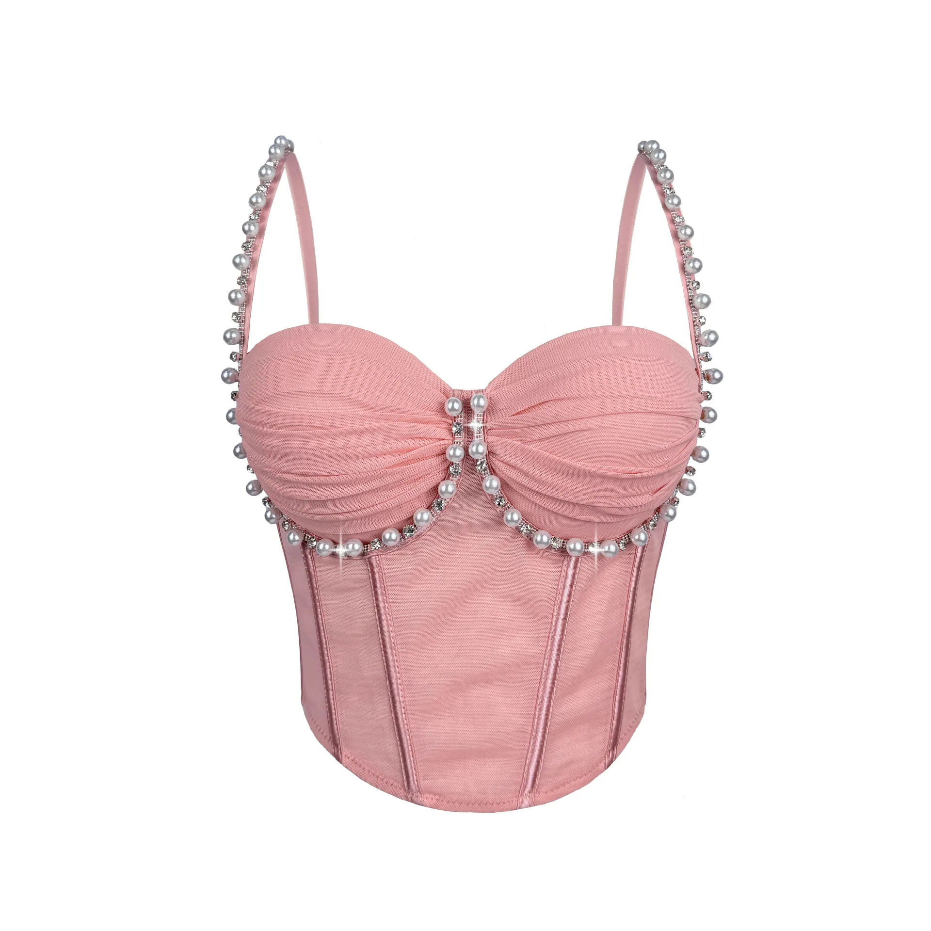 

Новый стильный корсет с жемчугом и бриллиантами, бюстгальтер-бюстье, плиссированные бретельки на косточках, кружевной сетчатый топ на бретельках, утягивающий пояс с подвязками, бюстгальтер на бретельках