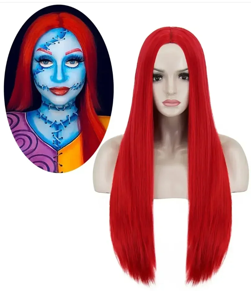 Red Sally Wigs  Anime Sally Synthetic Women Grils Cosplay Long Red Wigs Straight Hair for Party Female Halloween Costume