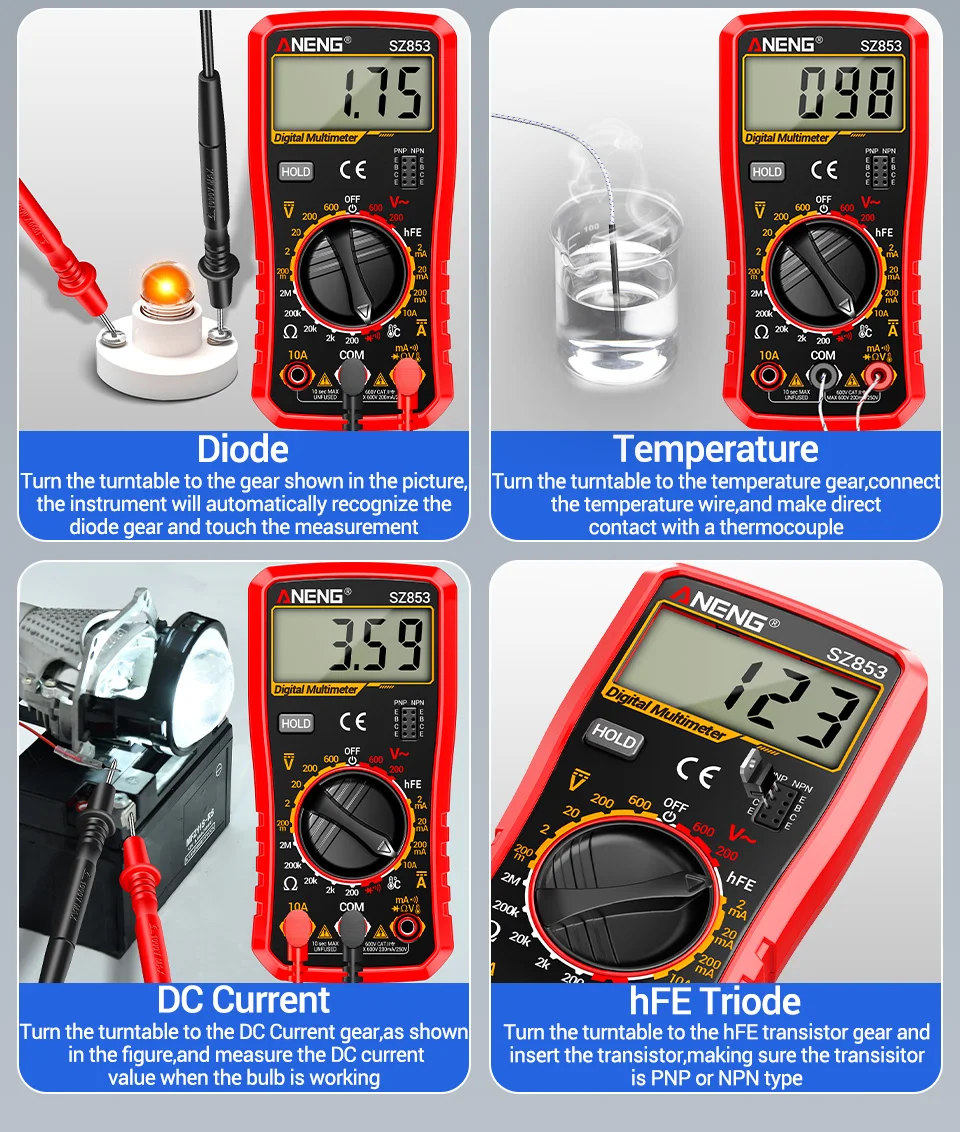 ANENG SZ853 Digitalmultimeter 1999 Zähler Multimeter-Tester misst AC/DC-Spannung, Strom, Widerstand, Temperatur, Diodentest. – Detail 11