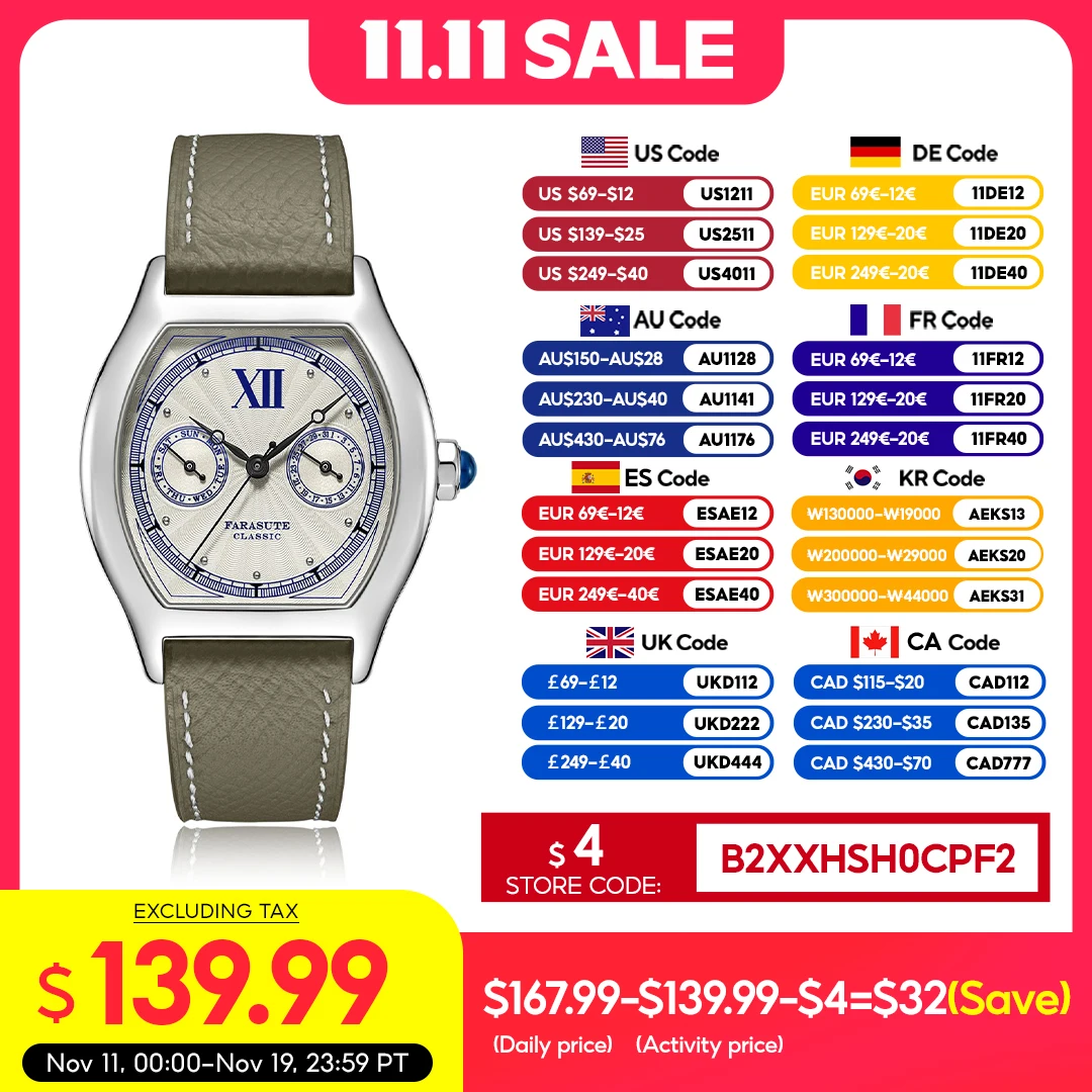 FARASUTE 2024 جديد 36 مللي متر ساعة كوارتز رجالية VH64 حركة الفولاذ المقاوم للصدأ الرياضة موضة الياقوت الزجاج مقاوم للماء ساعة رجالي