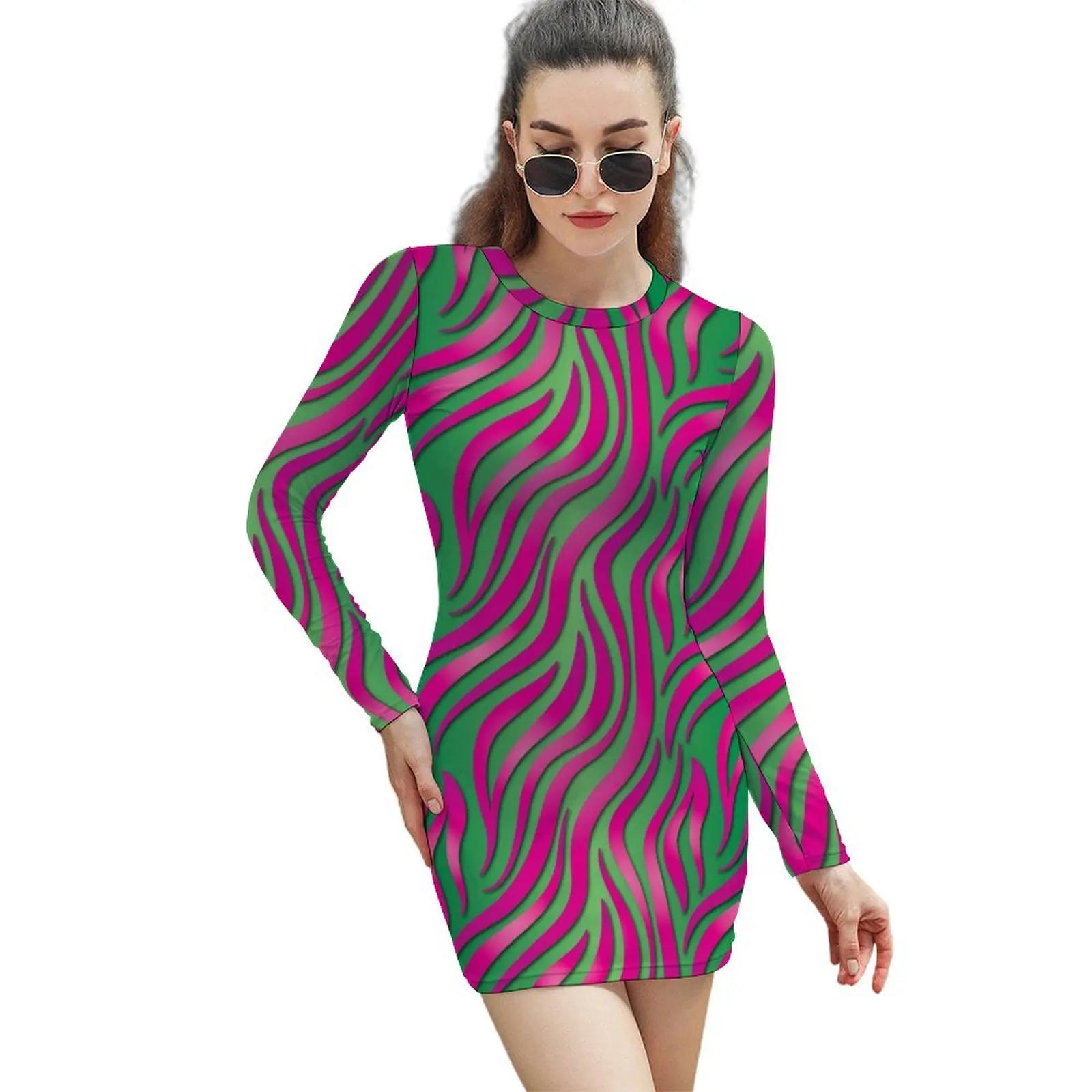 

Pink and Green Hot Long-Sleeved Sheath Dress birthday dresses for women women dresses