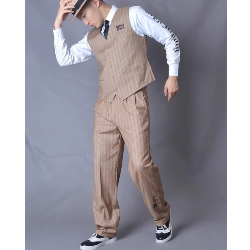 

Popping Performance Suit Machine Dance Street Dance Locking Dance Men's Suit Hip Hop Stage Clothing Stripes Vest + Pants + Tie