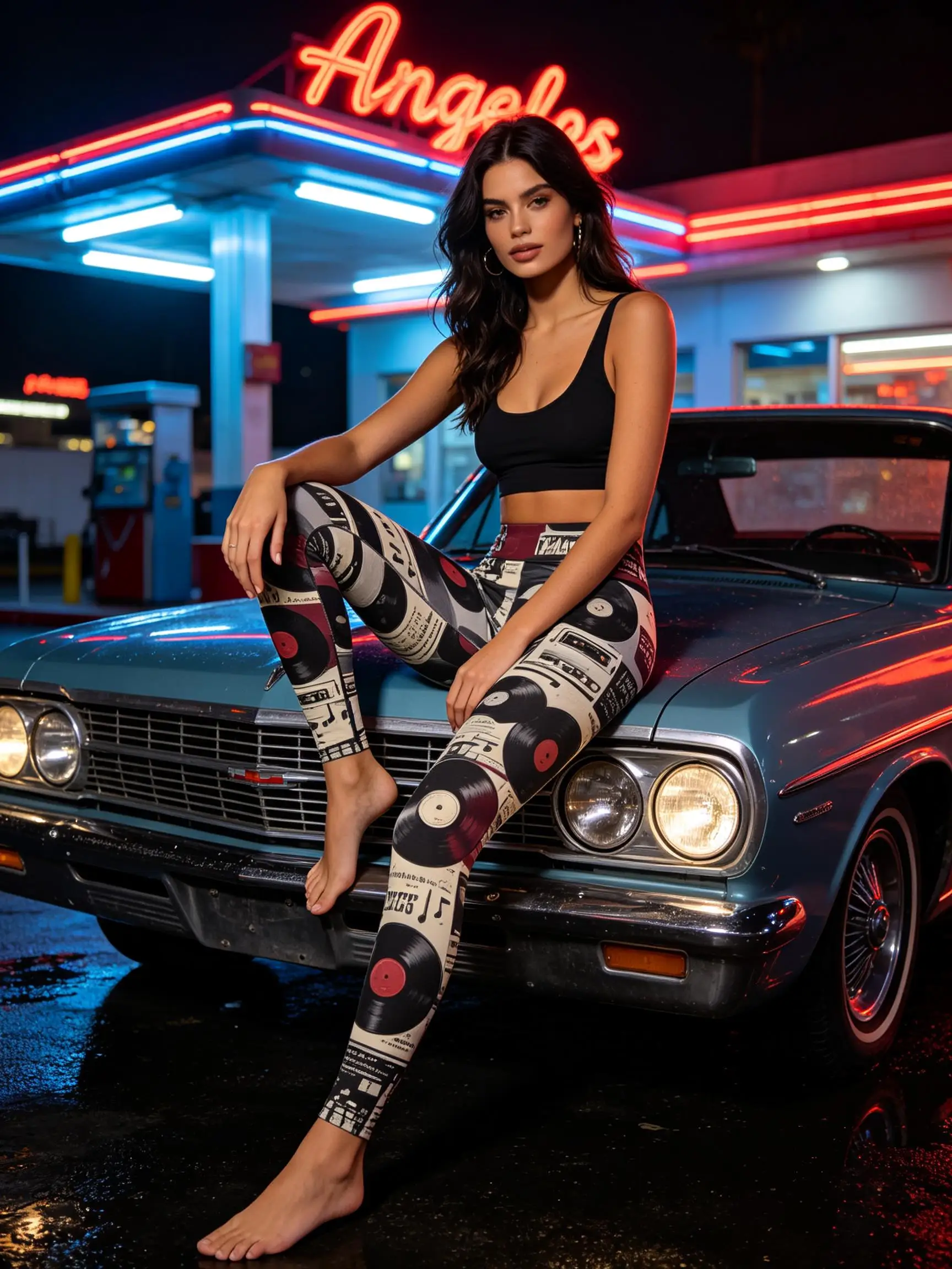 Women Fleece-Lined Mid-Rise Leggings Retro Vinyl Record Music Newspaper Print Slim Warm Casual Pants
