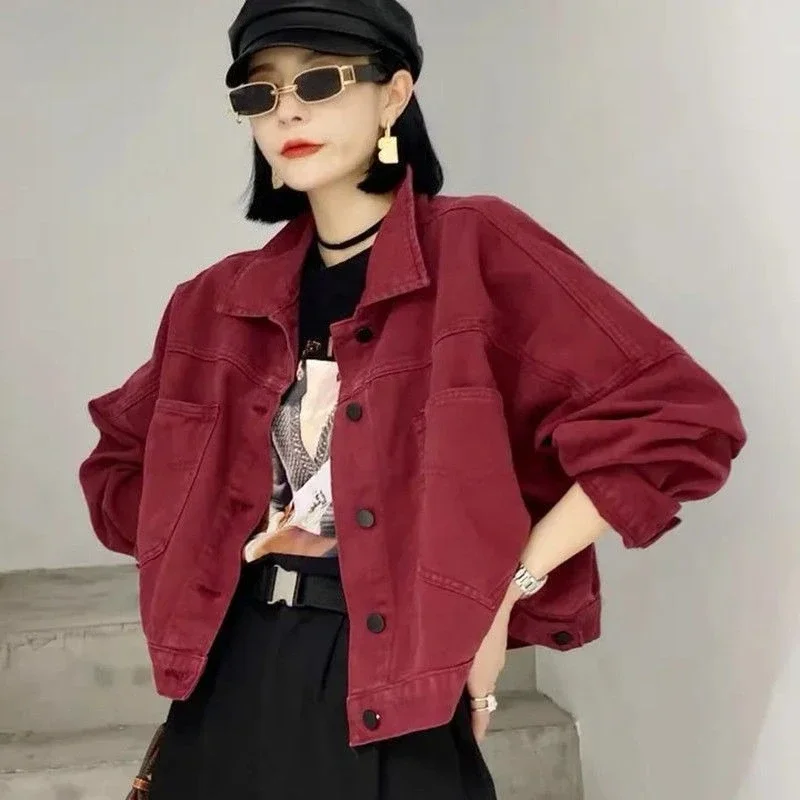 

Casual Versatile Petite Women's Claret Solid Denim Jacket Loose Fit Simple Stylish New Arrival Spring Autumn 2025 High Quality