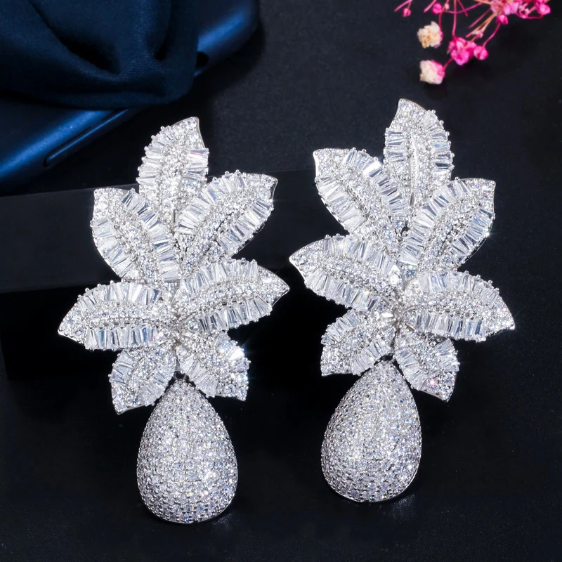 ThreeGraces Luxury Cubic Zirconia 3 Tone Gold Color Large Long Leaf Drop Earrings for Women Bridal Wedding Party Jewelry E1215