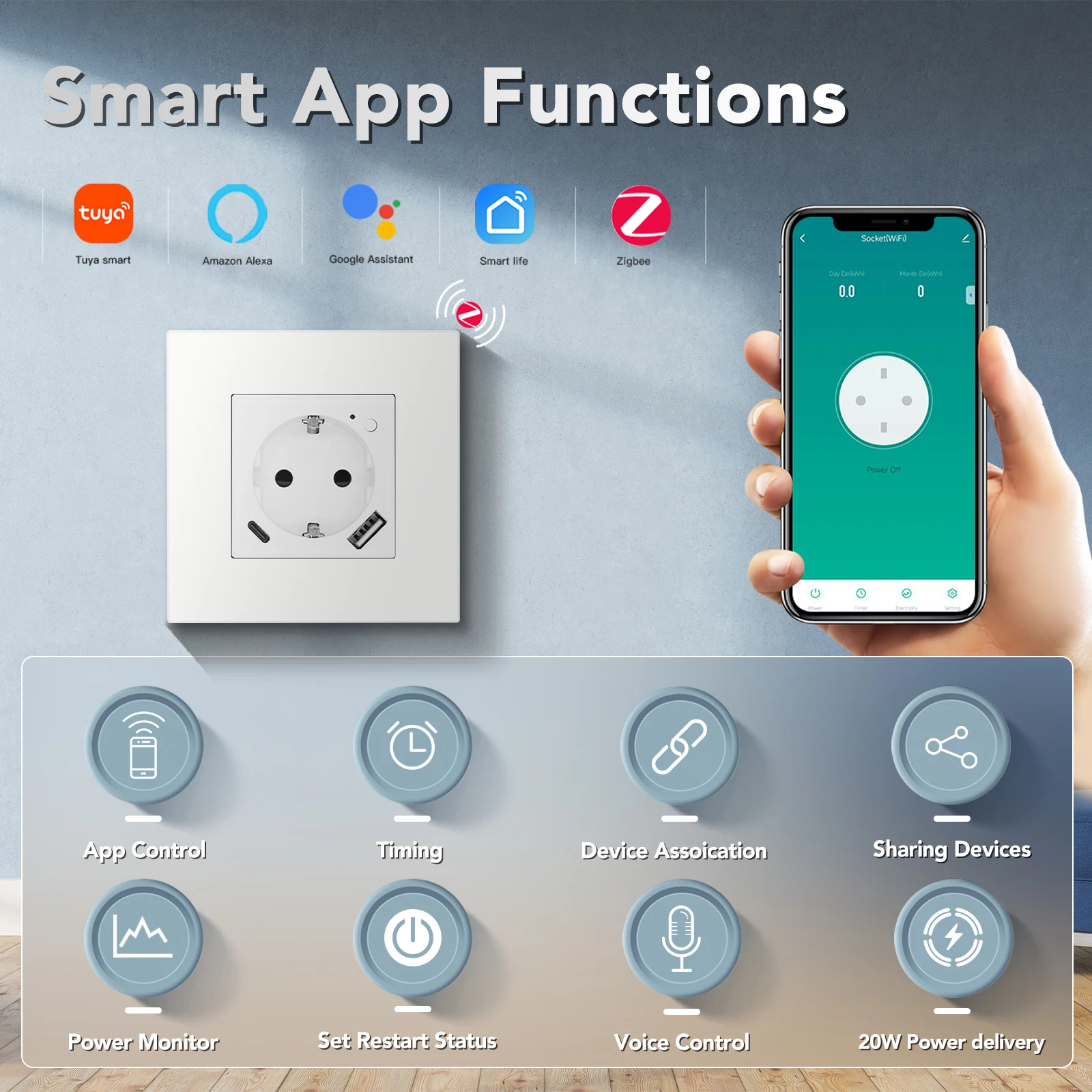 BSEED Zigbee EU Socket Plus 20w Tipo-c Porte USB AC Monitor di alimentazione Smart Plug Tuya Smart Life Alice Controllo vocale Cornice PC opaca