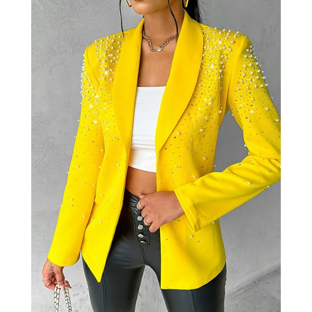 Autumn Women Beaded Nothched Collar Blazer Coat Fashion Femme Fall Long Sleeve Jacket Elegant Office Lady Work Wear Suits Outfit