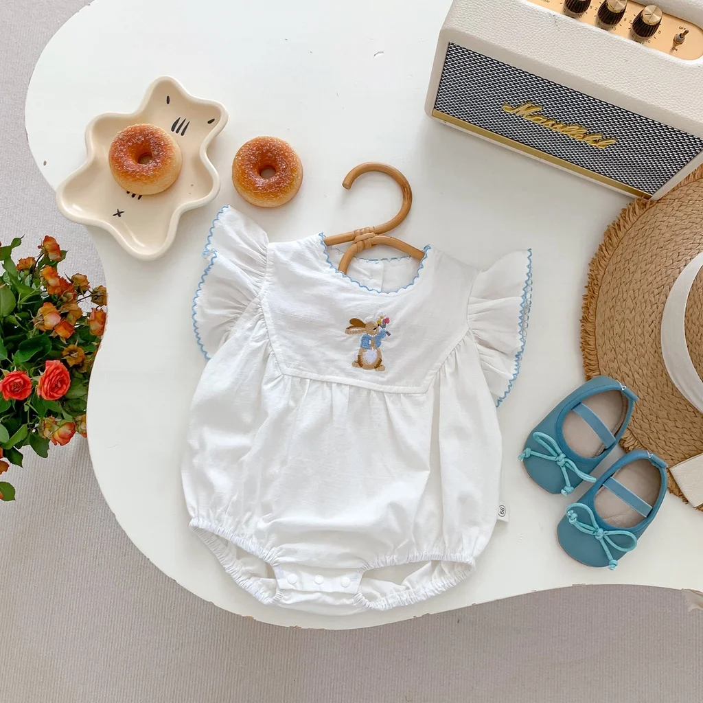 Summer Baby Girls Romper White Short Sleeve Rabbit Cotton Baby Jumpsuit Baby Bodysuit 0-24 Months