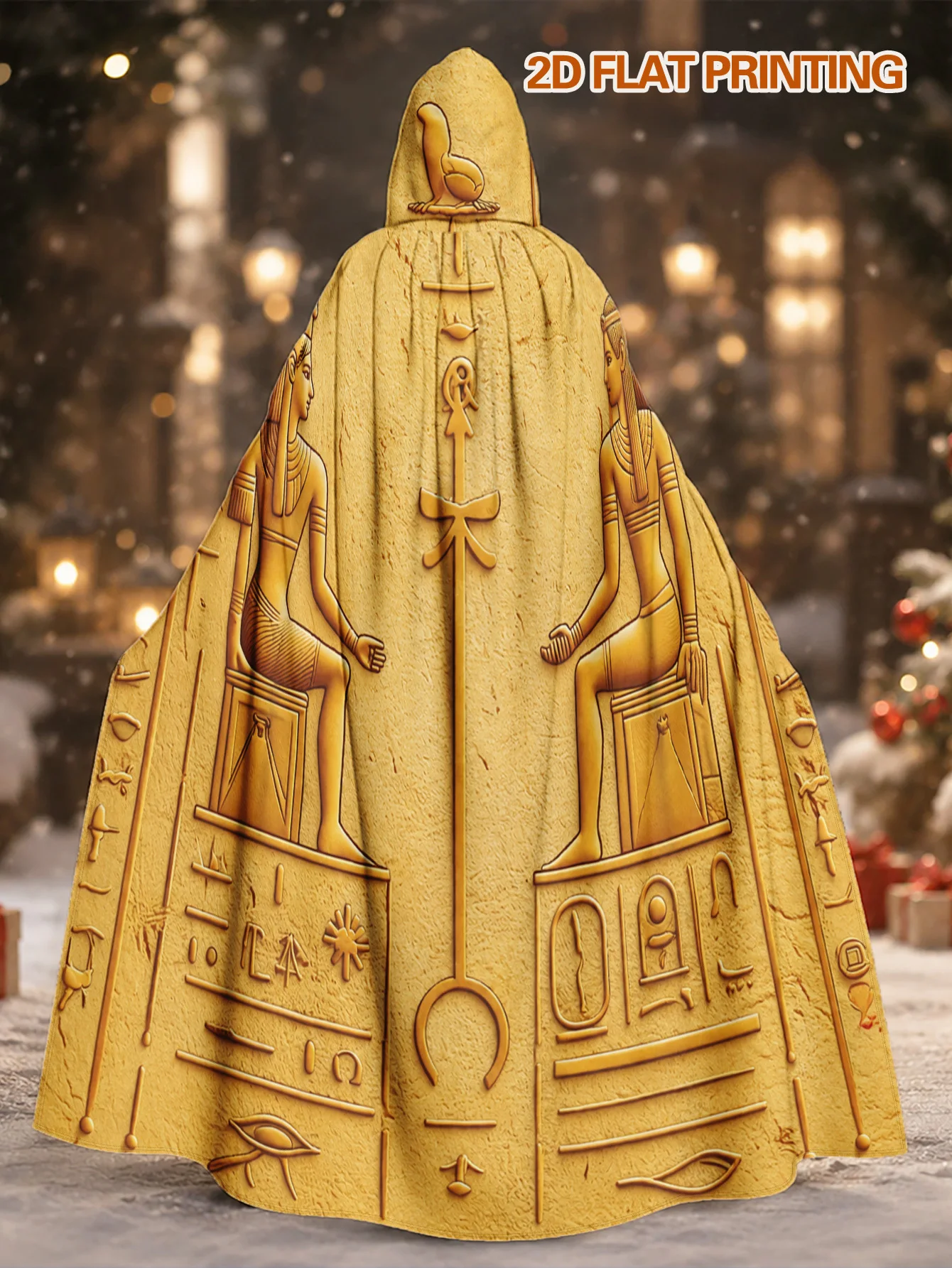 Customization 1pc, Full Length Polyester Hooded Cloak With Ancient Egyptian Relief Art Print, Adult Costume Robe For Halloween view 2